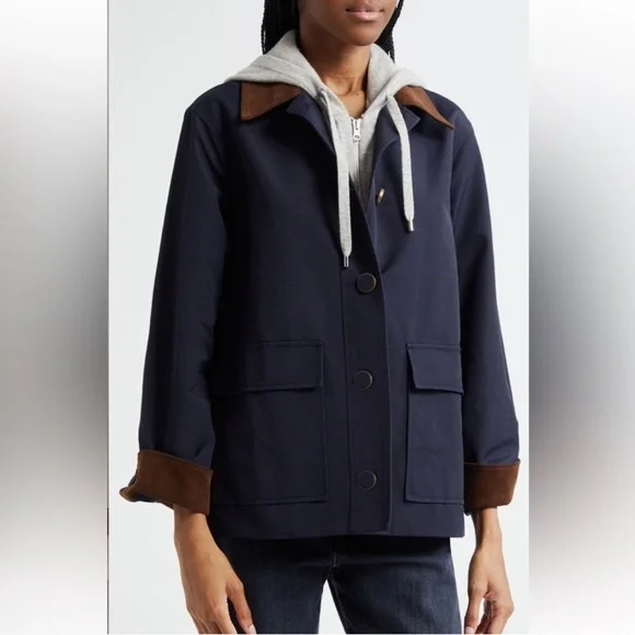 NWT Veronica Beard Arlen Corduroy Trim Barn Coat Navy Brown - Picture 3 of 12